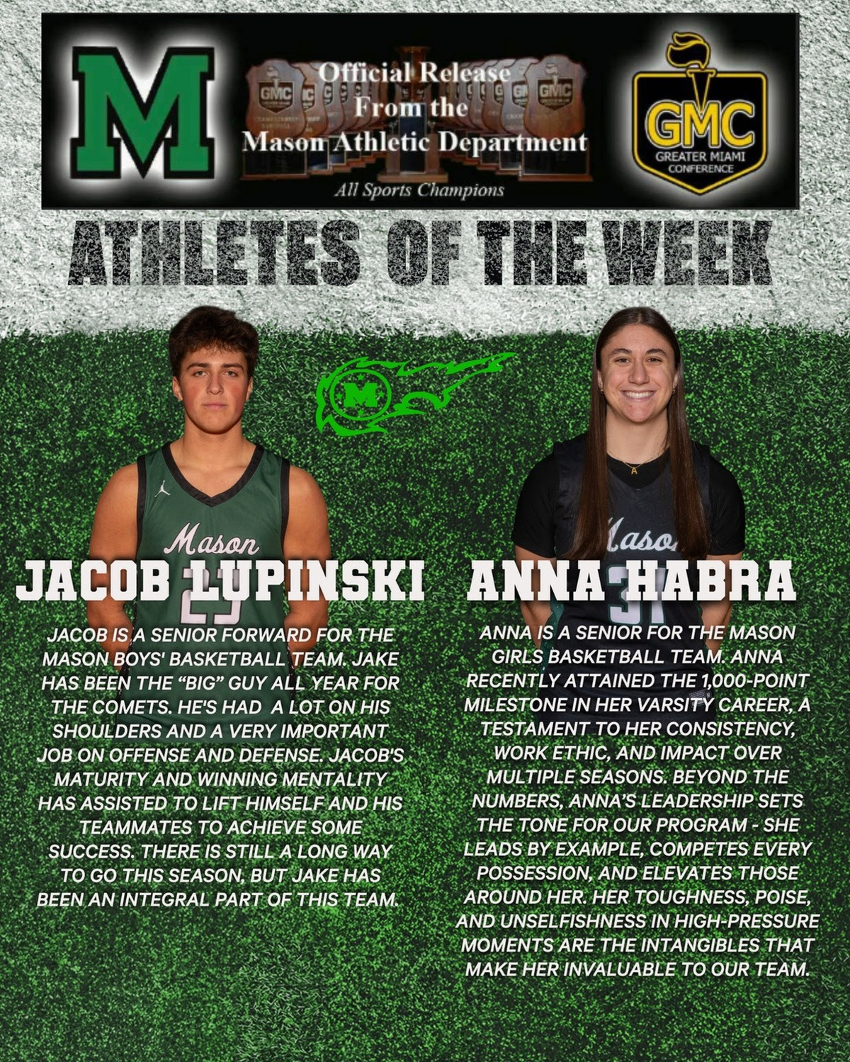 Mason High School seniors Jacob Lupinski and Anna Habra have been recognized as this week’s Athletes of the Week!